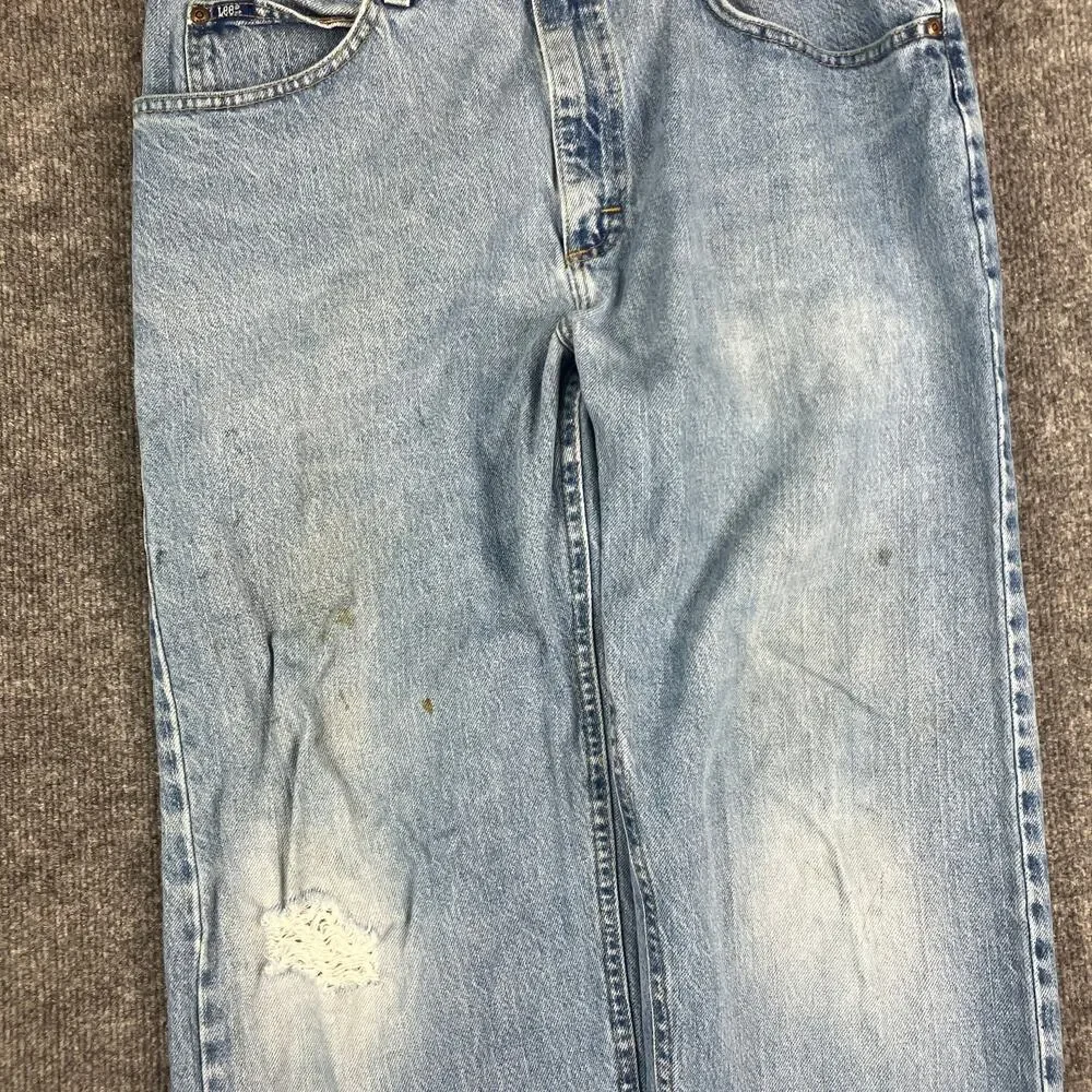 Vintage Lee Mens 34x30 Light Wash Distressed Relaxed Fit Straight Leg‎ Jeans